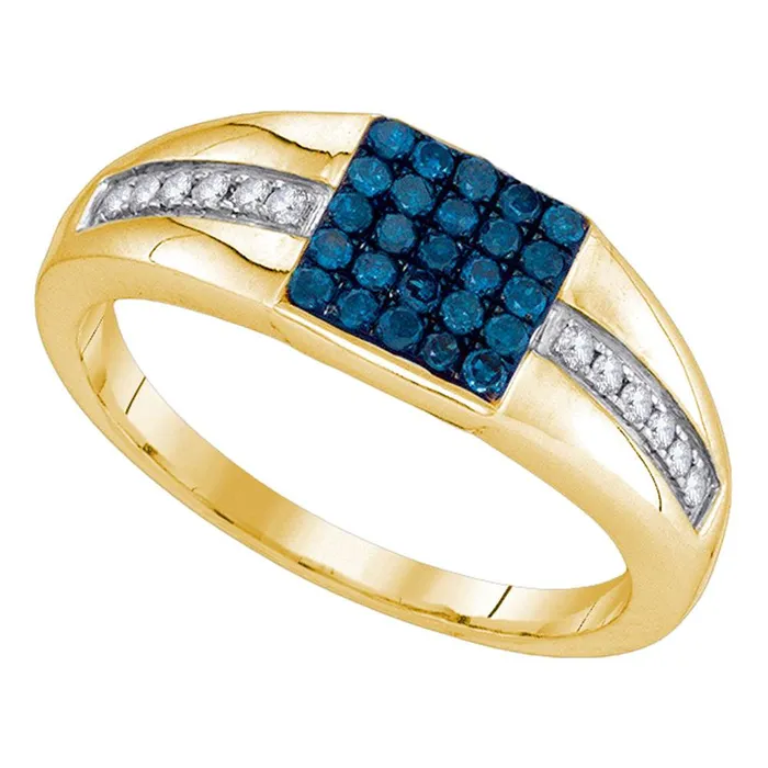 mayamila Rings 10kt Yellow Gold Mens Round Blue Color Enhanced Diamond Square Cluster Ring 12 Cttw