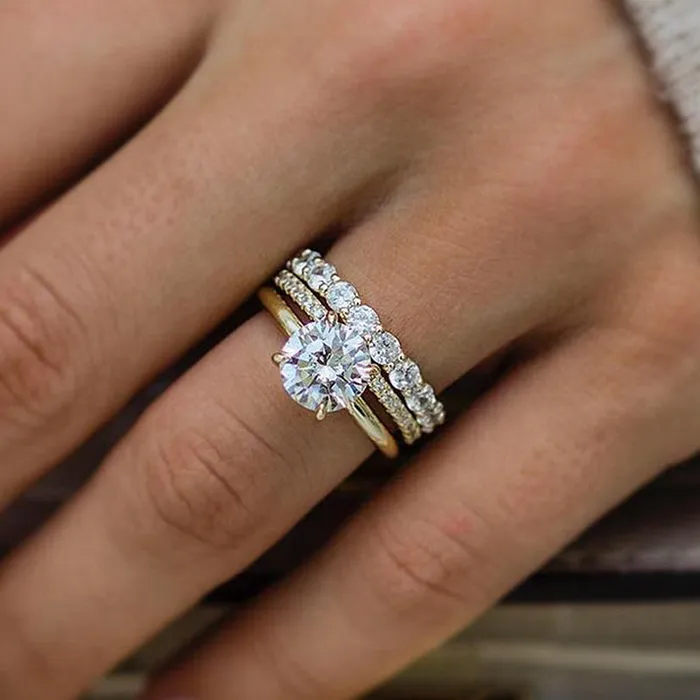 Rings 3PCS Golden Tone Round Cut Sterling Silver Wedding Bridal Set Shineofdiamond Rings 3PCS Golden Tone Round Cut Sterling Silver Wedding Bridal Set Shineofdiamond