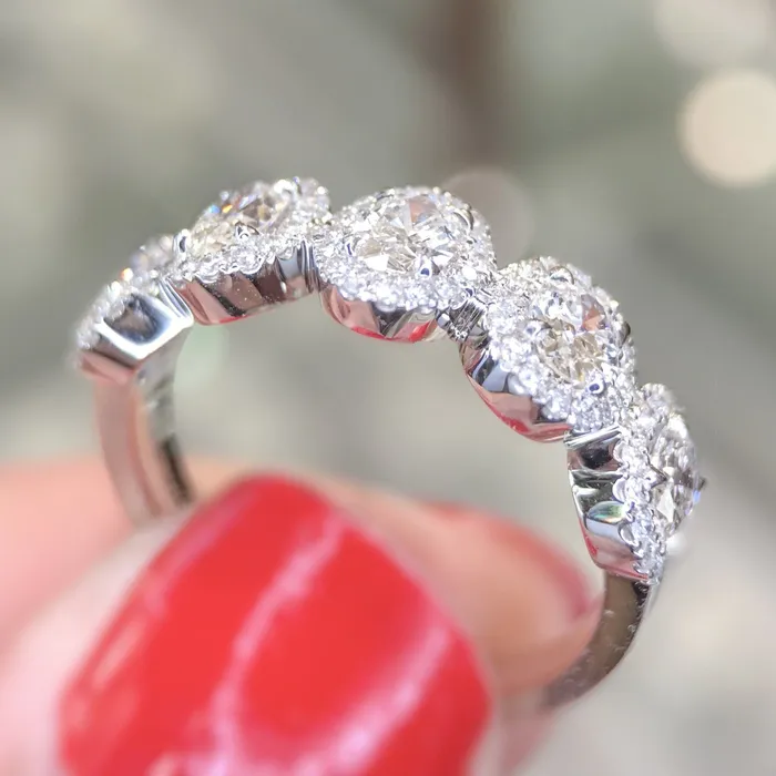 Rings Shineofdiamond Five Stone Halo Oval Cut Wedding Band in Sterling Silver Rings Shineofdiamond Five Stone Halo Oval Cut Wedding Band in Sterling Silver