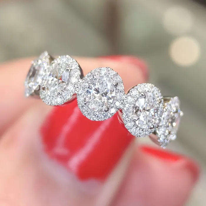Rings Shineofdiamond Five Stone Halo Oval Cut Wedding Band in Sterling Silver