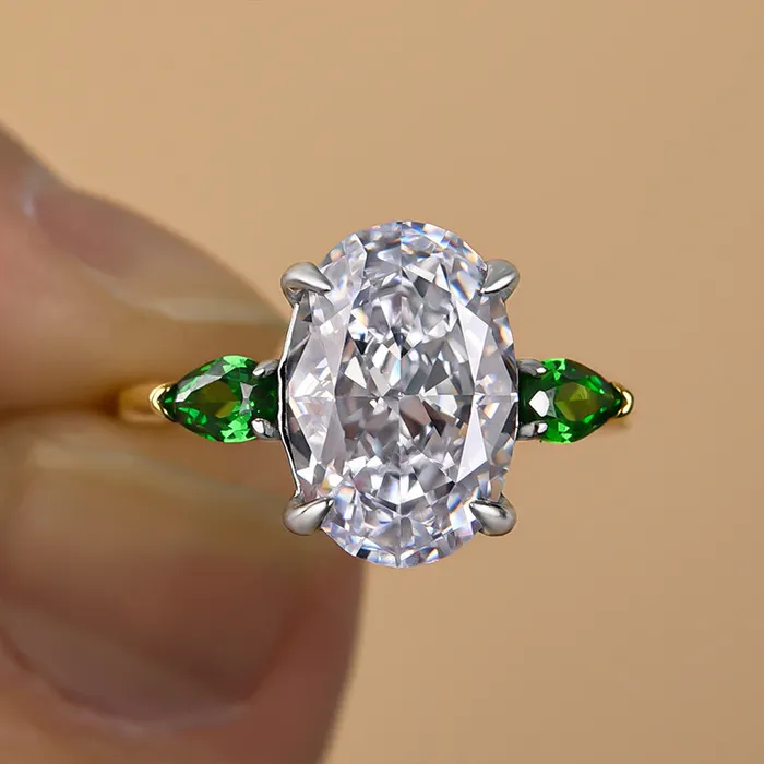 Vintage TwoTone Oval Cut Three Stone Sterling Silver Engagement Ring Shineofidamond Rings