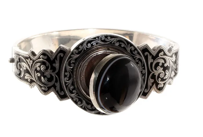 Bell Bird Antiques Bracelets Victorian Banded Agate Locket Bangle with Painted Portrait