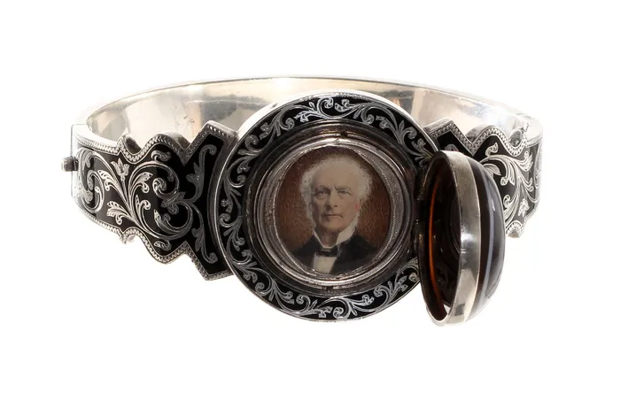 Bell Bird Antiques Bracelets Victorian Banded Agate Locket Bangle with Painted Portrait