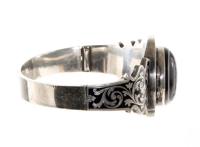 Bell Bird Antiques Bracelets Victorian Banded Agate Locket Bangle with Painted Portrait