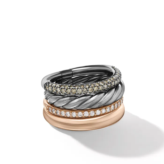 DY Mercer Melange Multi Row Ring in Sterling Silver with 18K Rose Gold and Diamonds 14mm David Yurman Rings DY Mercer Melange Multi Row Ring in Sterling Silver with 18K Rose Gold and Diamonds 14mm David Yurman Rings