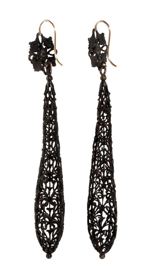 Earrings Bell Bird Antiques Rare Berlin Iron Long Torpedo Drop Earrings