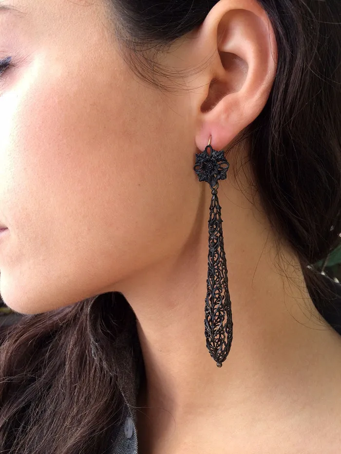 Earrings Bell Bird Antiques Rare Berlin Iron Long Torpedo Drop Earrings