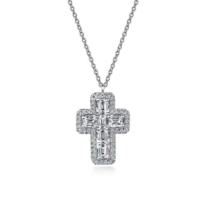 GABRIEL CO 14K White Gold Emerald Cut Diamond Cross Necklace Necklaces