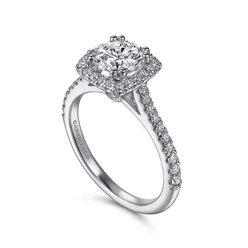GABRIEL CO Rings 14K White Gold Cushion Halo Round Diamond Engagement Ring