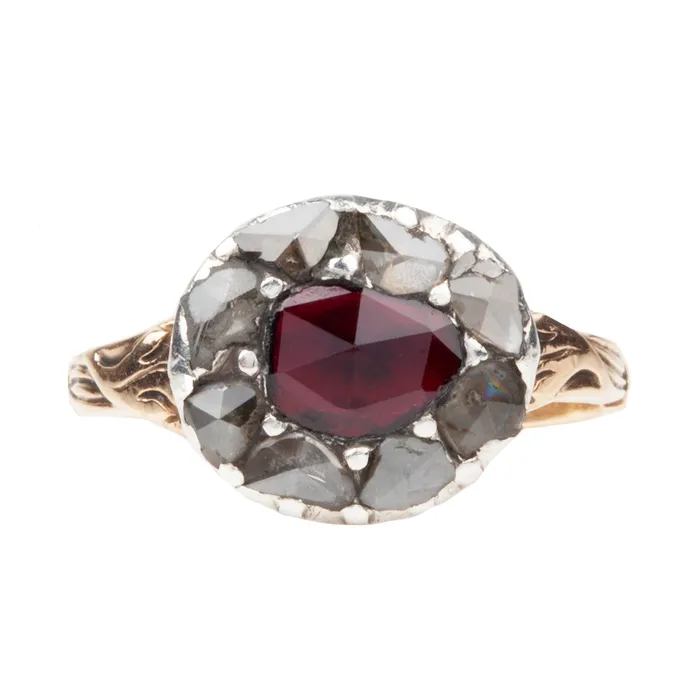 Georgian Era Garnet and rose cut diamond Cluster Ring Bell Bird Antiques Rings Georgian Era Garnet and rose cut diamond Cluster Ring Bell Bird Antiques Rings