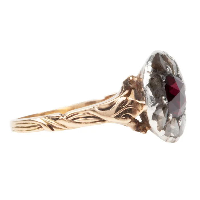 Georgian Era Garnet and rose cut diamond Cluster Ring Bell Bird Antiques Rings