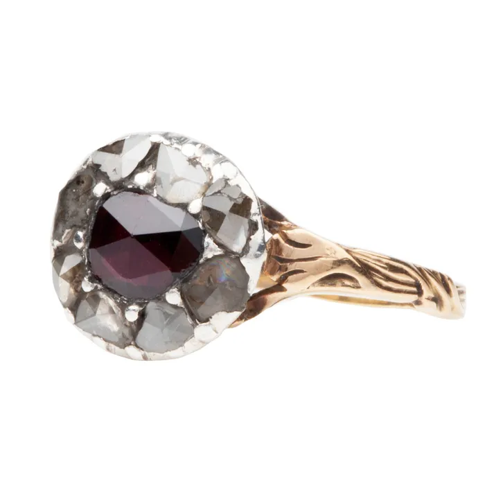 Georgian Era Garnet and rose cut diamond Cluster Ring Bell Bird Antiques Rings