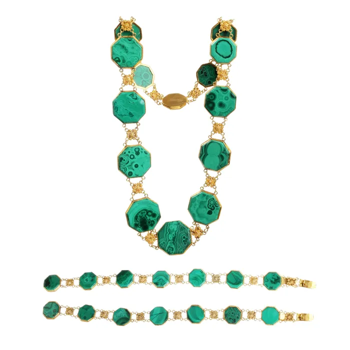 Georgian Era Gold Cannetille Malachite Convertible Necklace and Bracelet Set Bell Bird Antiques Bracelets Georgian Era Gold Cannetille Malachite Convertible Necklace and Bracelet Set Bell Bird Antiques Bracelets