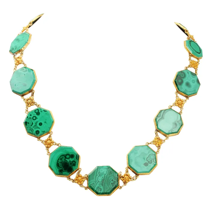 Georgian Era Gold Cannetille Malachite Convertible Necklace and Bracelet Set Bell Bird Antiques Bracelets