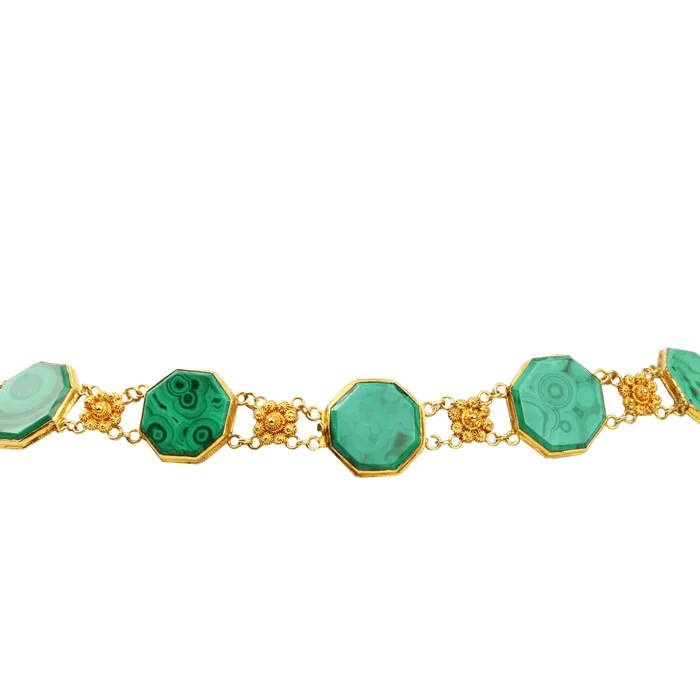 Georgian Era Gold Cannetille Malachite Convertible Necklace and Bracelet Set Bell Bird Antiques Bracelets