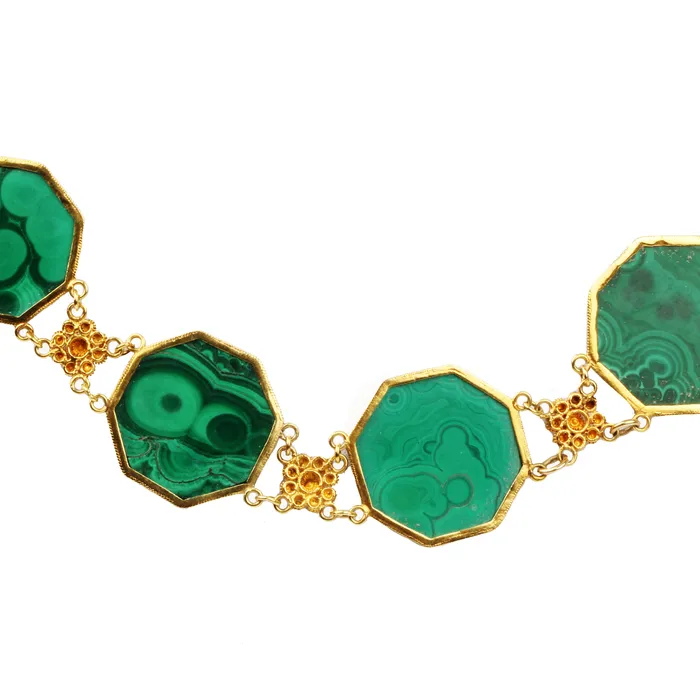 Georgian Era Gold Cannetille Malachite Convertible Necklace and Bracelet Set Bell Bird Antiques Bracelets