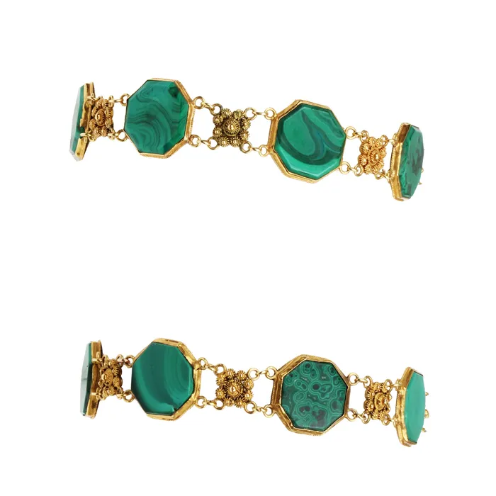 Georgian Era Gold Cannetille Malachite Convertible Necklace and Bracelet Set Bell Bird Antiques Bracelets