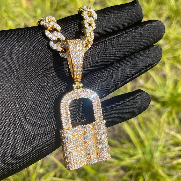 Necklaces Lock Iced Out Diamond Pendant Necklace Lock