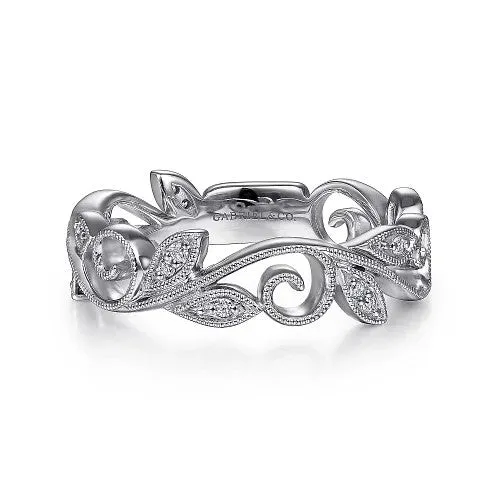 Rings GABRIEL CO 14K White Gold Scrolling Floral Diamond Stackable Ring