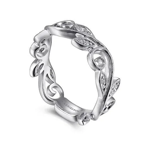 Rings GABRIEL CO 14K White Gold Scrolling Floral Diamond Stackable Ring