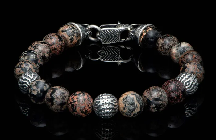 WILLIAM HENRY LLC Bracelets Seaside Red Obsidian Beaded bracelet with sculpted sterling silver and Red snowflake obsidian WILLIAM HENRY LLC Bracelets Seaside Red Obsidian Beaded bracelet with sculpted sterling silver and Red snowflake obsidian