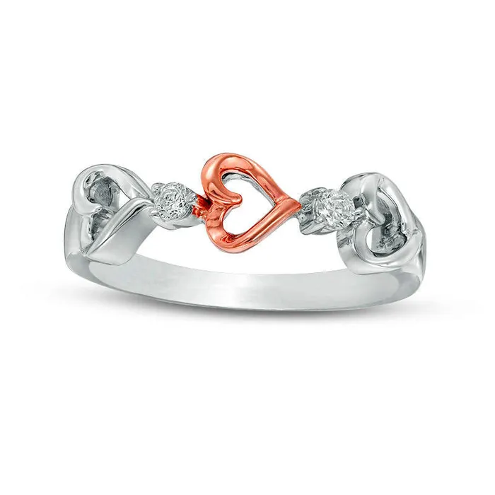 010 CT TW Natural Diamond Triple Heart Ring in Sterling Silver and Solid 10K Rose Gold Goldia Rings 010 CT TW Natural Diamond Triple Heart Ring in Sterling Silver and Solid 10K Rose Gold Goldia Rings
