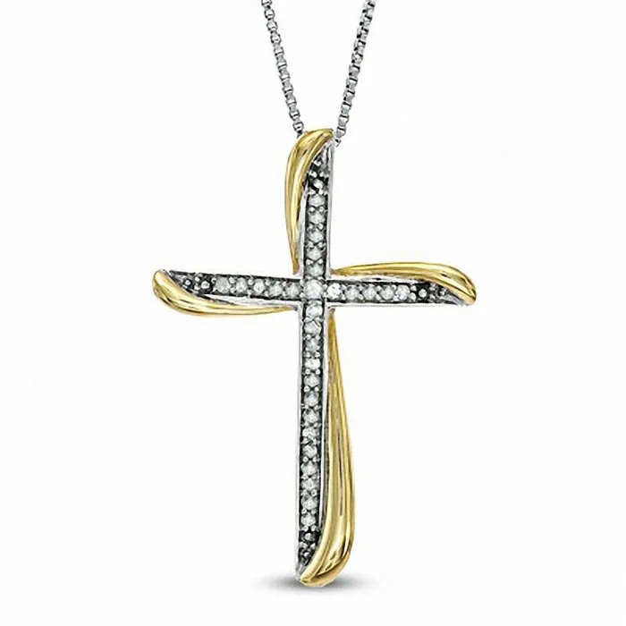 013 CT TW Natural Diamond Twist Cross Pendant in Sterling Silver and 14K Gold Plate Goldia Necklaces 013 CT TW Natural Diamond Twist Cross Pendant in Sterling Silver and 14K Gold Plate Goldia Necklaces