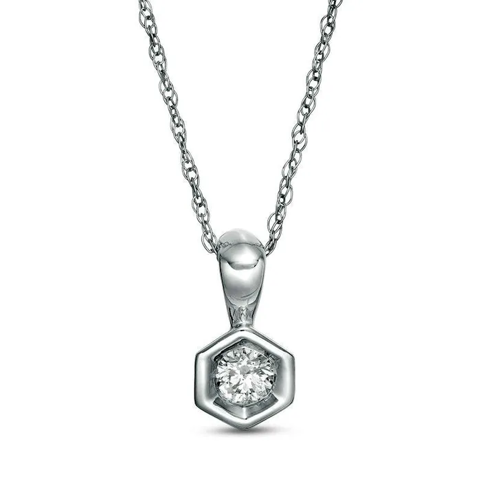 017 CT Natural Clarity Enhanced Solitaire Hexagon Frame Pendant in 10K White Gold Goldia Necklaces 017 CT Natural Clarity Enhanced Solitaire Hexagon Frame Pendant in 10K White Gold Goldia Necklaces