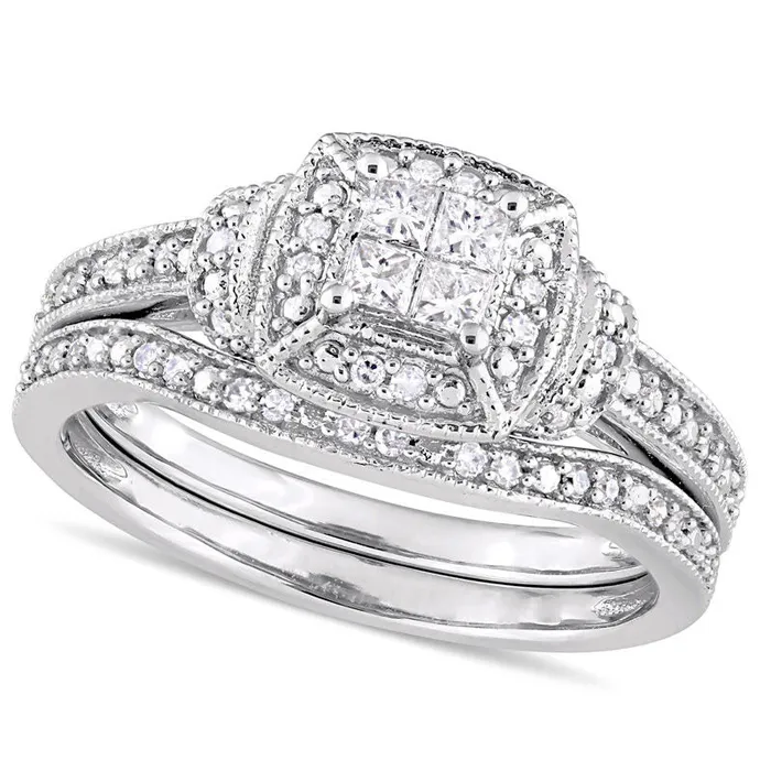 033 CT TW Quad PrincessCut Natural Diamond Frame Collar Antique VintageStyle Bridal Engagement Ring Set in Solid 10K White Gold Goldia Rings 033 CT TW Quad PrincessCut Natural Diamond Frame Collar Antique VintageStyle Bridal Engagement Ring Set in Solid 10K White Gold Goldia Rings