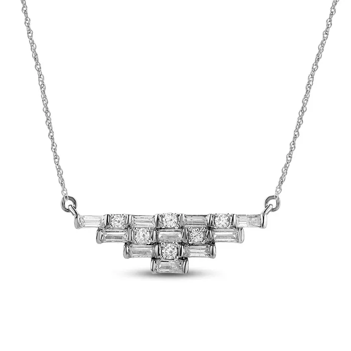 05 CT TW Baguette and Round Natural Diamond Pyramid Necklace in 10K White Gold Goldia Necklaces