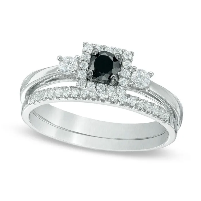 050 CT TW Enhanced Black and White Natural Diamond Three Stone Bridal Engagement Ring Set in Solid 10K White Gold Goldia Rings 050 CT TW Enhanced Black and White Natural Diamond Three Stone Bridal Engagement Ring Set in Solid 10K White Gold Goldia Rings