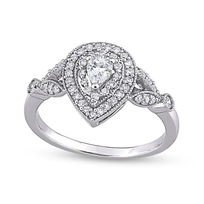 050 CT TW PearShaped Natural Diamond Double Frame LeafSides Antique VintageStyle Engagement Ring in Solid 10K White Gold Goldia Rings 050 CT TW PearShaped Natural Diamond Double Frame LeafSides Antique VintageStyle Engagement Ring in Solid 10K White Gold Goldia Rings