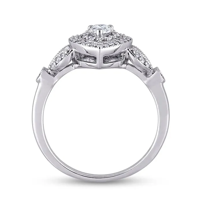 050 CT TW PearShaped Natural Diamond Double Frame LeafSides Antique VintageStyle Engagement Ring in Solid 10K White Gold Goldia Rings 050 CT TW PearShaped Natural Diamond Double Frame LeafSides Antique VintageStyle Engagement Ring in Solid 10K White Gold Goldia Rings