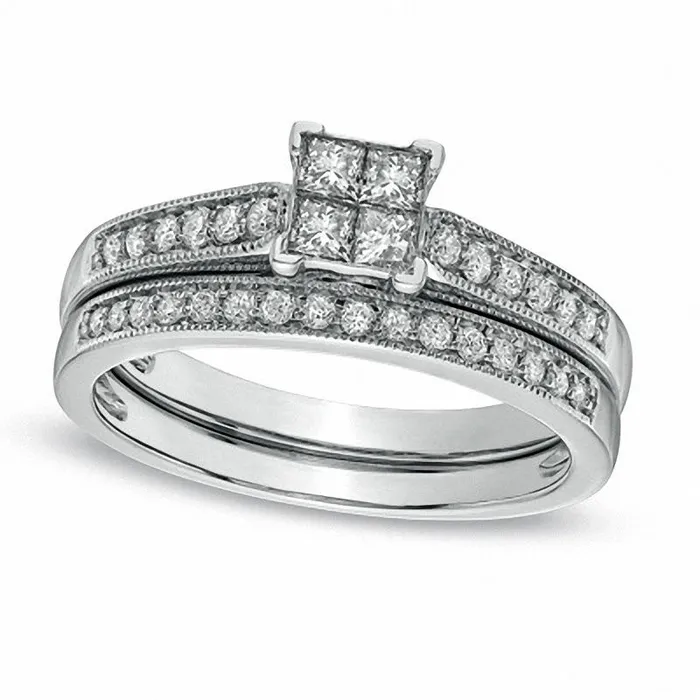 050 CT TW Quad PrincessCut Natural Diamond Antique VintageStyle Bridal Engagement Ring Set in Solid 10K White Gold Goldia Rings 050 CT TW Quad PrincessCut Natural Diamond Antique VintageStyle Bridal Engagement Ring Set in Solid 10K White Gold Goldia Rings