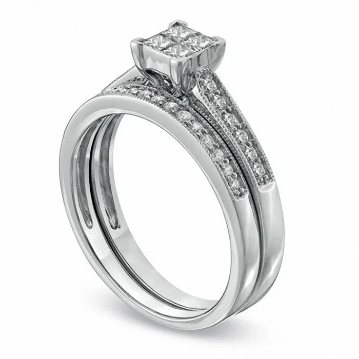 050 CT TW Quad PrincessCut Natural Diamond Antique VintageStyle Bridal Engagement Ring Set in Solid 10K White Gold Goldia Rings 050 CT TW Quad PrincessCut Natural Diamond Antique VintageStyle Bridal Engagement Ring Set in Solid 10K White Gold Goldia Rings