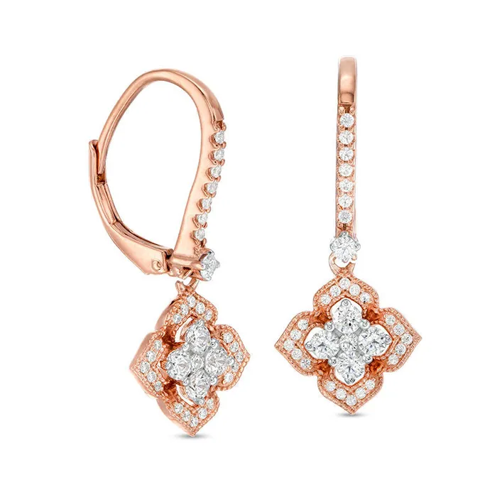 075 CT TW Quad Diamond Quatrefoil Frame VintageStyle Beaded Drop Earrings in 10K Rose Gold Goldia Earrings 075 CT TW Quad Diamond Quatrefoil Frame VintageStyle Beaded Drop Earrings in 10K Rose Gold Goldia Earrings