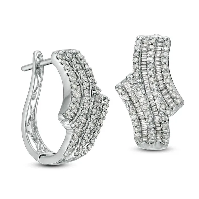 125 CT TW Baguette and Round Diamond MultiRow Bypass Hoop Earrings in 10K White Gold Goldia Earrings 125 CT TW Baguette and Round Diamond MultiRow Bypass Hoop Earrings in 10K White Gold Goldia Earrings