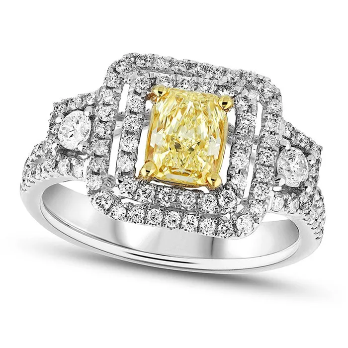 125 CT TW RadiantCut Fancy Yellow and White Natural Diamond Double Frame Engagement Ring in Solid 18K White Gold SI2 Goldia Rings 125 CT TW RadiantCut Fancy Yellow and White Natural Diamond Double Frame Engagement Ring in Solid 18K White Gold SI2 Goldia Rings
