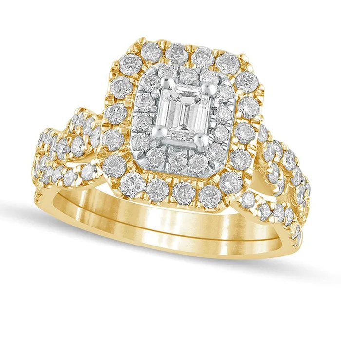 15 CT TW EmeraldCut Natural Diamond Double Frame MultiRow Bridal Engagement Ring Set in Solid 10K Yellow Gold Goldia Rings 15 CT TW EmeraldCut Natural Diamond Double Frame MultiRow Bridal Engagement Ring Set in Solid 10K Yellow Gold Goldia Rings