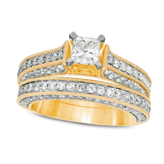 15 CT TW PrincessCut Natural Diamond Antique VintageStyle Bridal Engagement Ring Set in Solid 10K Yellow Gold Goldia Rings 15 CT TW PrincessCut Natural Diamond Antique VintageStyle Bridal Engagement Ring Set in Solid 10K Yellow Gold Goldia Rings