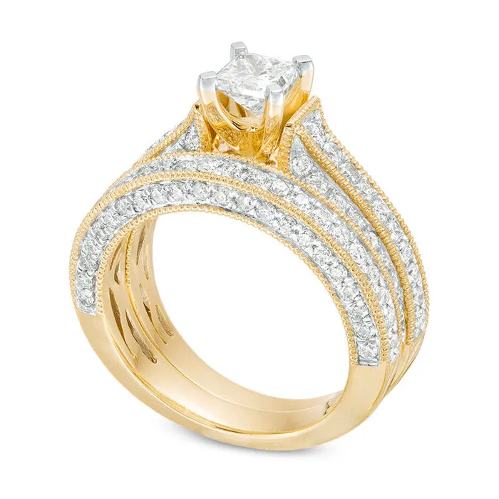 15 CT TW PrincessCut Natural Diamond Antique VintageStyle Bridal Engagement Ring Set in Solid 10K Yellow Gold Goldia Rings 15 CT TW PrincessCut Natural Diamond Antique VintageStyle Bridal Engagement Ring Set in Solid 10K Yellow Gold Goldia Rings
