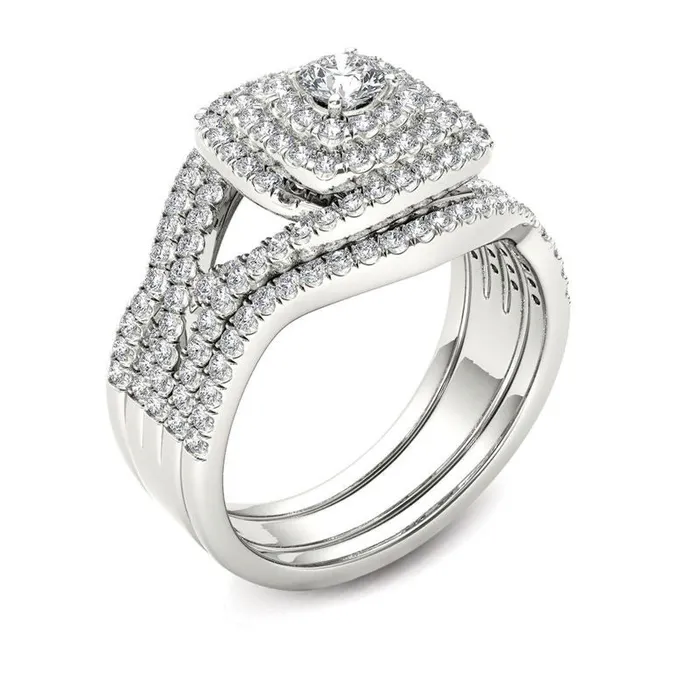1 CT TW Diamond Cushion Frame Split Shank Three Piece Bridal Engagement Ring Set in 14K White Gold Goldiacom Rings