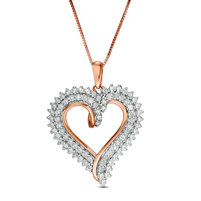 1 CT TW Natural Diamond Double Row Heart Pendant in 10K Rose Gold Goldia Necklaces