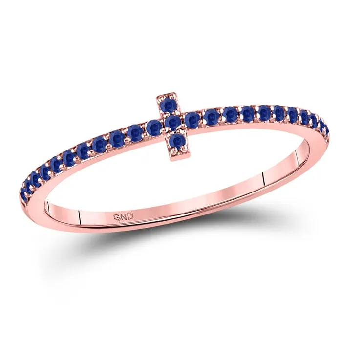 10k Rose Gold Round Blue Sapphire Cross Stackable Band Ring 16 Cttw gndatlanta Rings