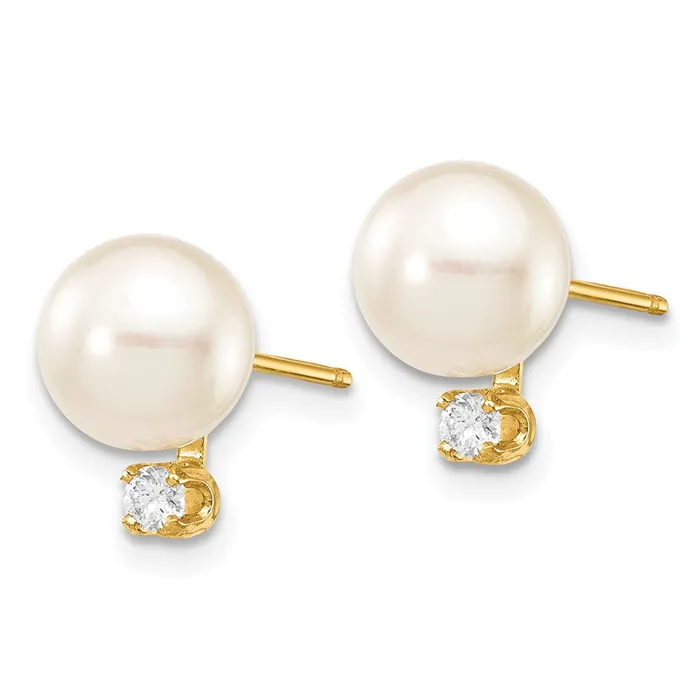 14k 7 8mm White Round Saltwater Akoya Cultured Pearl Diamond Post Earrings goldiaca Earrings
