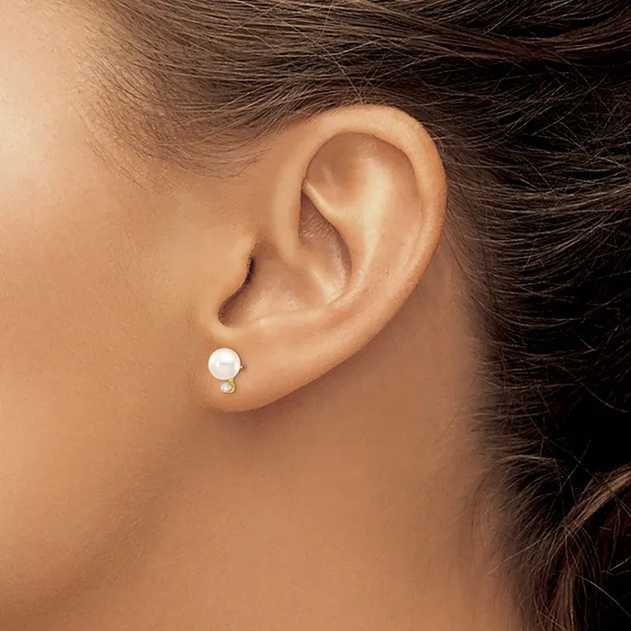 14k 7 8mm White Round Saltwater Akoya Cultured Pearl Diamond Post Earrings goldiaca Earrings