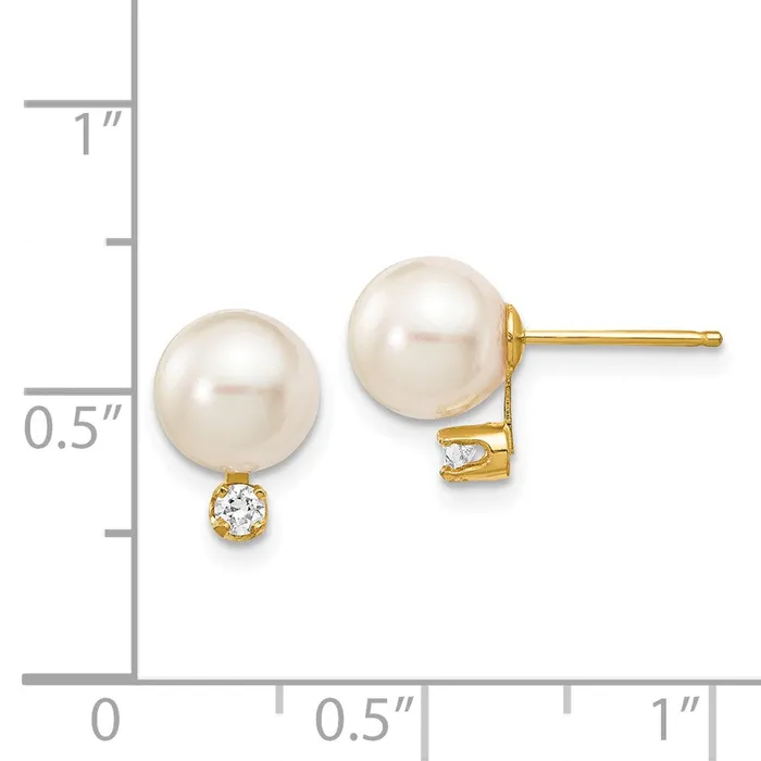 14k 7 8mm White Round Saltwater Akoya Cultured Pearl Diamond Post Earrings goldiaca Earrings