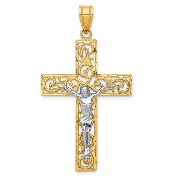 14k Twotone Gold Twotone Gold DC Large Block Filigree Crucifix Pendant Goldia Rings 14k Twotone Gold Twotone Gold DC Large Block Filigree Crucifix Pendant Goldia Rings