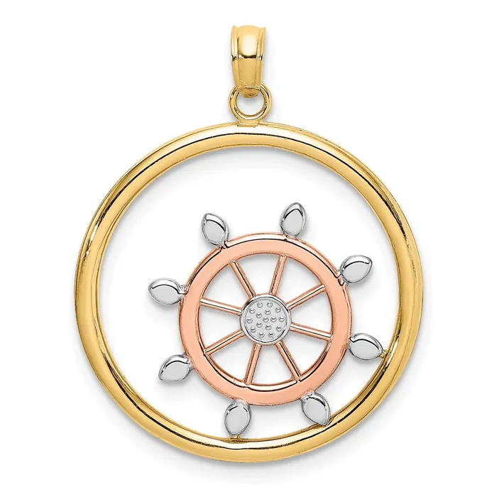 14k Twotone Gold wWhite Rhodium Beaded Ship Wheel In Circle Charm Goldia Rings