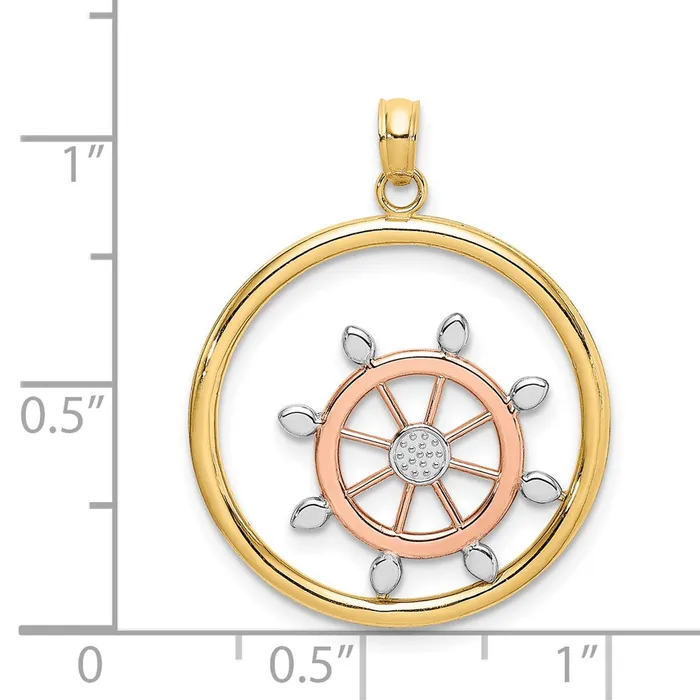 14k Twotone Gold wWhite Rhodium Beaded Ship Wheel In Circle Charm Goldia Rings